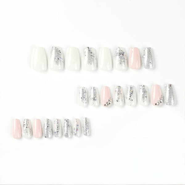 Silver Glitter Press on Nails Medium Square Fake Nails with Rhinestones Design Glossy Pink White Artificial False Nails