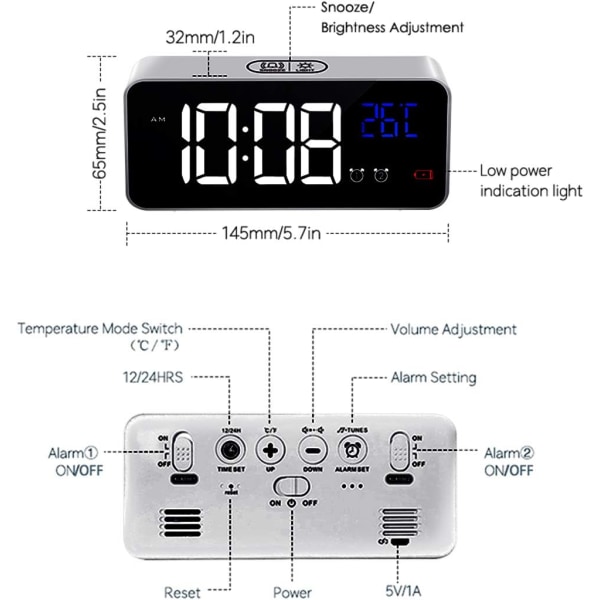 Digitalt vækkeur med stort LED-temperaturdisplay, bærbar spejlalarm med dobbeltalarm snooze-tid 4 niveauer justerbar lysstyrke Silver