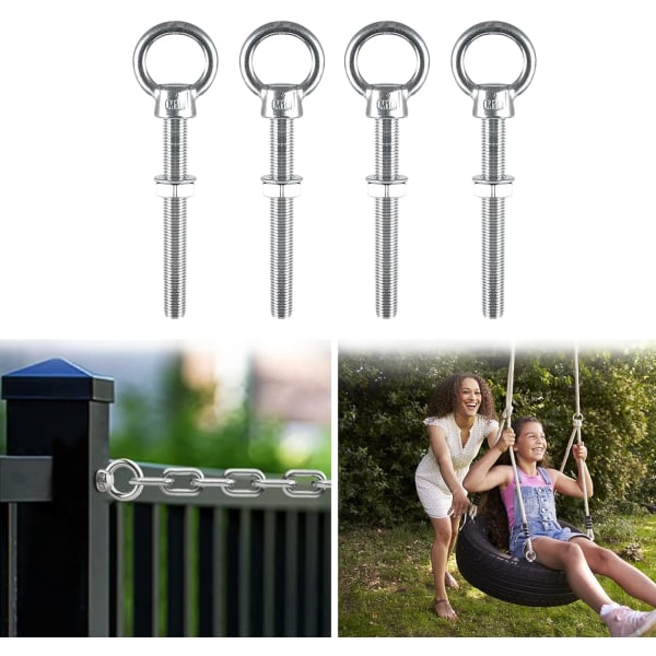 M10 x 100mm Øyebolter M10 Ringskruer med metrisk gjenge i rustfritt stål for festing og oppheng, 4 stk