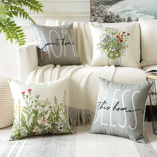 Sæt med 4 blomstrede pyntepudebetræk 45x45 cm sommer dekorative firkantede pudebetræk sofa farverige blomster pudebetræk
