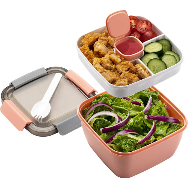 Salladslunchbehållare To Go, med 3 fack, för salladstoppingar, snacks, män, kvinnor pink