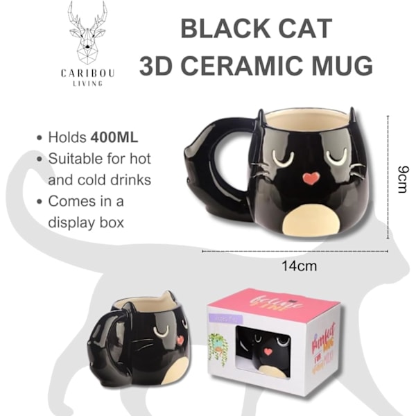 Sort Kat Krus 3D Keramisk Sjovt Krus Kop 400ml til Varme Drikke, Te, Kaffe, Varm Chokolade