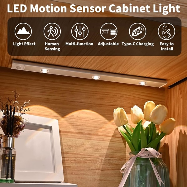 Led-lampe, 40 cm skabslampe med bevægelsessensor, USB-genopladelig, 3 lystilstande og magnetisk montering til skabe/gange/garage - sølv