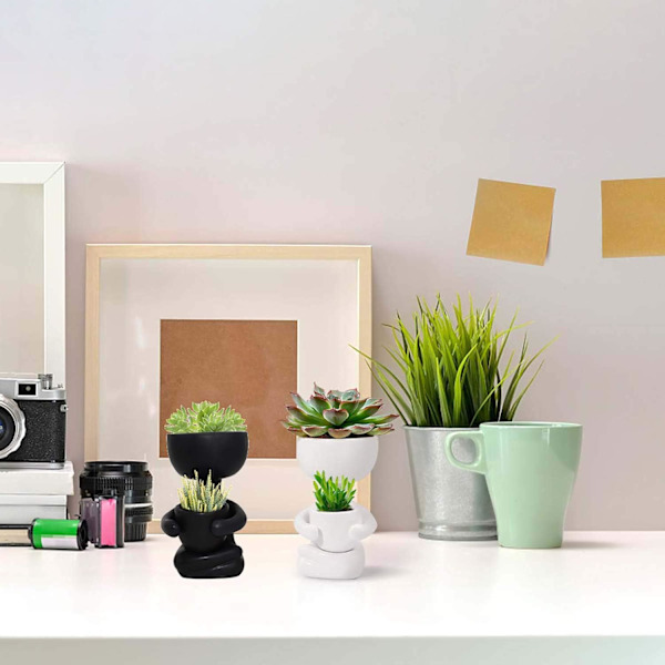 2 stk Keramiske Sukkulente Plantepotter Kreative Menneskeformede Små Kaktuspotter Blomsterpotter Mini Planteplantere (Hvit & Svart) 2.6 x 2.5 x 4.3IN