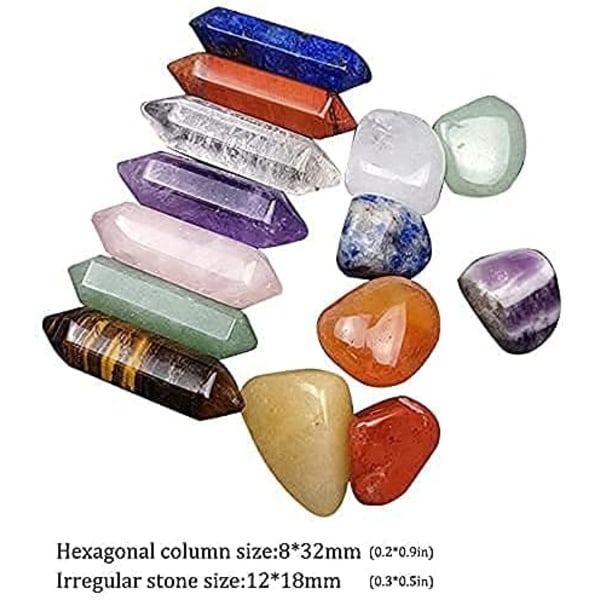 14 stk Premium Healing Crystals Kit i gaveeske -7 Chakra Set Tumbled Stones, 7 Chakra Stone Set Meditasjonsstein Yoga Amulett med gaveeske 0.2*0.9in