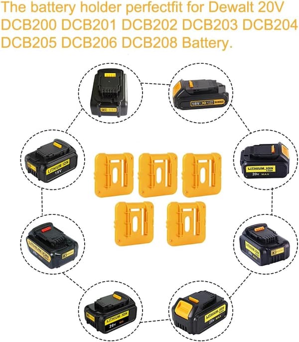 5-pak batteriholder til Dewalt 20V batterimontering Dock Holder Passer til DCB200 DCB201 DCB202 DCB203 DCB204 DCB205 DCB206 batteri