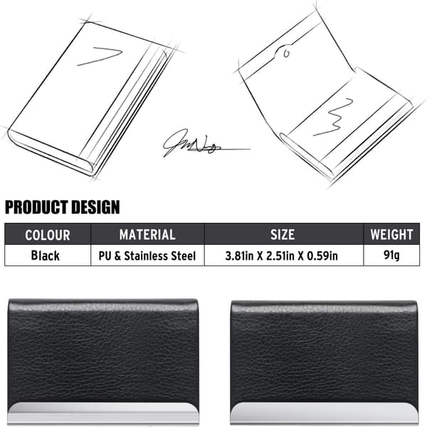 Visitkort Holder, PU Læder, Rustfrit Stål, med Magnetisk Lukning black