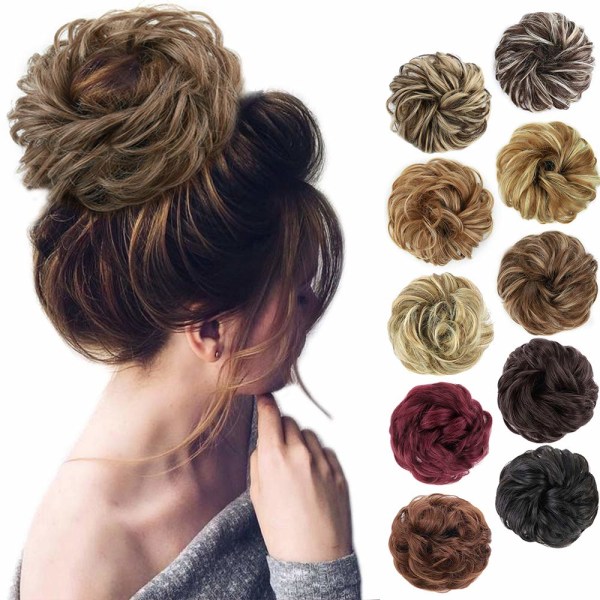 1 stk. Messy Hair Bun Hår Scrunchies Extension Curly Wavy Messy Syntetisk Chignon til kvinder Updo Hairpiece Light Brown & Natural Blonde#