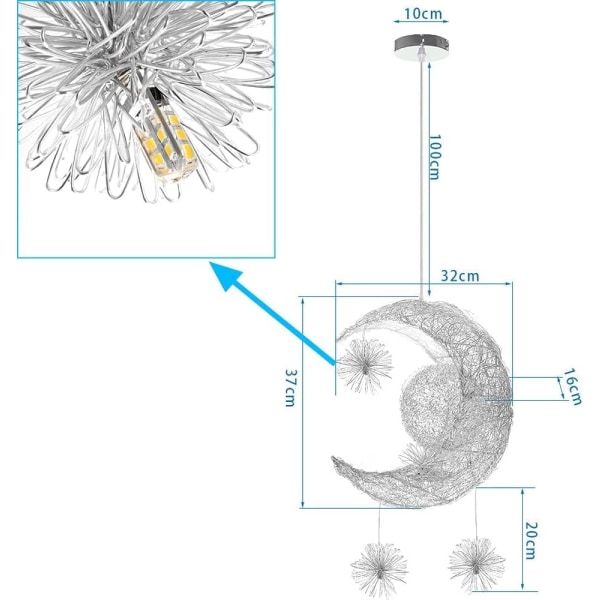 Industriel Hængende Lysekrone Måne Stjerner LED Loftslampe Aluminium Armatur med 5 Pærer til Børneværelse (Varm Hvidt Lys)