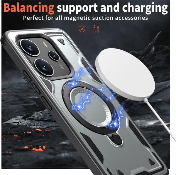 Xiaomi Redmi Note 14 4G Armor-deksel, 360 metallring støtteben magnetisk støtsikker kollisjonsputebumperdeksel grå
