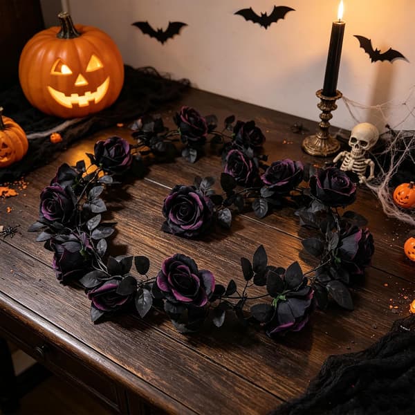 2m Sort Kunstig Rosenguirlande Halloween Dekoration
