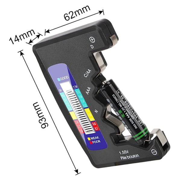 Digital Batteritester, Universal LCD Batteritester til AAA/AA/C/D 1.5V-9V Knapcelle Mini Batterier