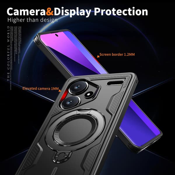 Xiaomi Redmi Note 13 Pro Plus 5G Armor-deksel, 360 metallringstativ magnetisk støtsikker kollisjonsputestøtfangerdeksel svart