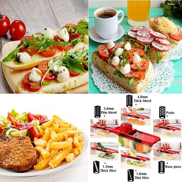 6-i-1 Mandolin Slicer, Multifunktionell Frukt- och Grönsaksskärare, Utbytbara Rostfria Stålblads med Matbehållare, Potatisskalare