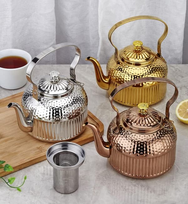 1400ml Tekanne i rustfritt stål med infuser, antikk, egnet for induksjon eller gasskomfyrer silver