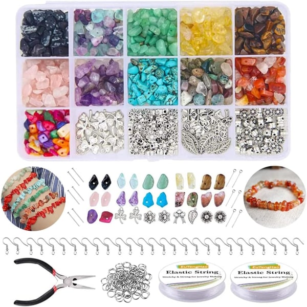 15 farver ædelstensperler smykkefremstillingssæt，Natursten til smykkefremstillingssæt til gør-det-selv Multicolor