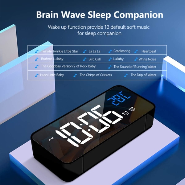 Digitalt vækkeur med stort LED-temperaturskærm, bærbart spejlur med dobbelt alarm, snooze-tid og 4 niveauer justerbar lysstyrke Black