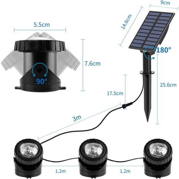 Solcelledrevet undervannslampe, 3-pakker solspotlights, nedsenkbar belysning med 2 moduser, RGB-fargeskiftende, IP68 vanntett, justerbart nedsenkbart lys