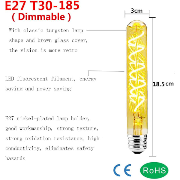 2 kpl himmennettävää 4W pitkää putki Edison Led-spiraalilankapolttimoa E27 T30 4W polttimoAmber-lasi, lämmin valkoinen 2700K lamppu Retro-polttimo ravintolaan, kahvilaan, baariin