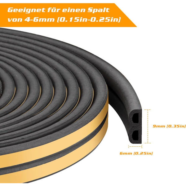 2-pack 20 m tätningslist, självhäftande anti-kollision dörrtätning, D-Profi dörr- och fönstertätningslist för väderbeständighet/ljudisolering - 9 mm*6 mm