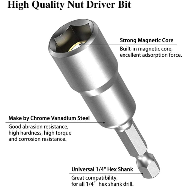 Magneettinen ruuvitaltan kärki, 8 mm 1/4'' kuusikulmainen ruuvitaltan kärki, sähköiseen käsiporaan/pneumaattiseen ruuvitaltan kärkeen, 5 kpl