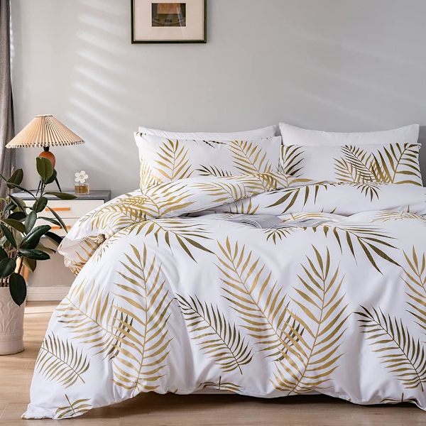 Påslakan Botanisk Mönster Sängkläder Set Dragkedja Stängning - Dubbel Vuxen Sängkläder med 2 örngott 50x75 cm Gold and White 220x240cm