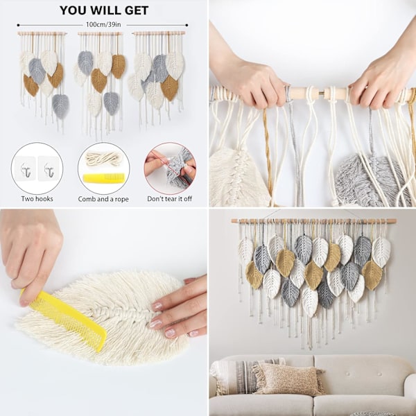 Macrame Väggbonad Stor Gobeläng Vävd Väggbonad Boho Macrame Blad Väggdekoration Fjäder Chic Vävd Konst White-khaki-gray