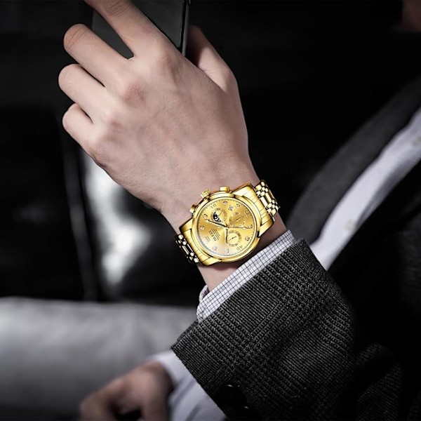 OLEVS Herrklocka Chronograf, Vattentät Multifunktionell Urtavla med Datum Diamantklockor för Män Gold Dial/Gold Band