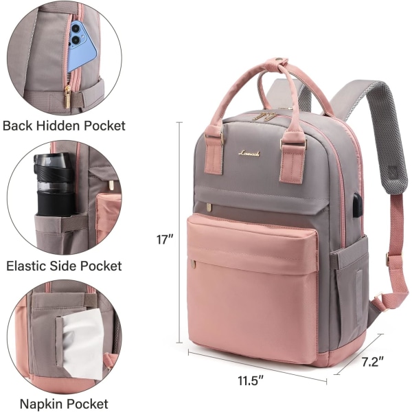 Kvinders afslappet rygsæk til 15,6 tommer bærbar computer, med USB-opladning, tyverisikring skolerygsæk til arbejdsrejser University College, gråblå pink