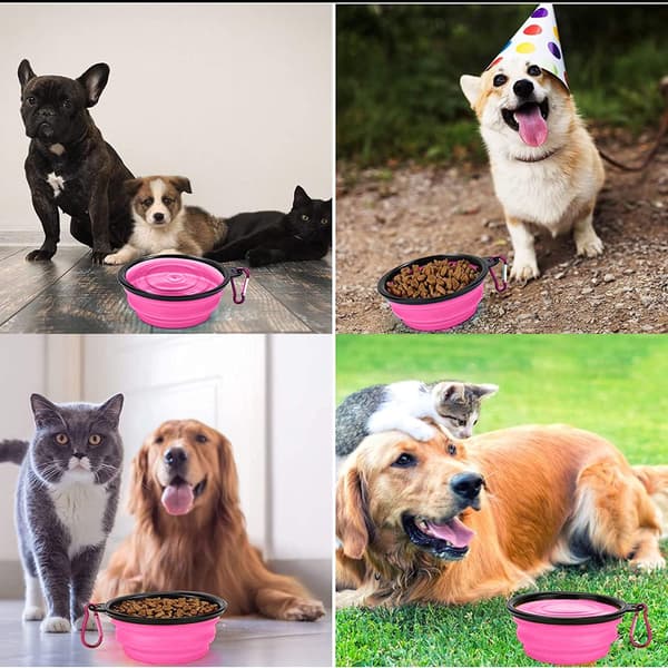2 STK 350ML Pink Sammenklappelig Hundeskål Sæt, Bærbare Kæledyrsfoder Vandskåle med Karabinhage til Små Hunde Katte Rejser Gåture Udendørs