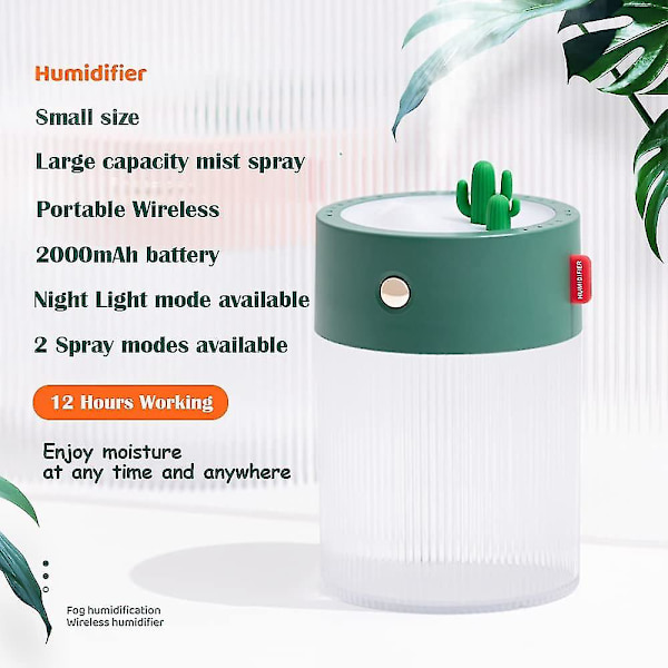 Trådløs, bærbar mini plante-luftfukter med 2 tåkemoduser, 2 nattlysmoduser, hvit