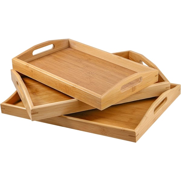 3-pack bambu serveringsfat set, 3 storlekar rektangulära träbrickor med handtag för frukost, te, kaffe