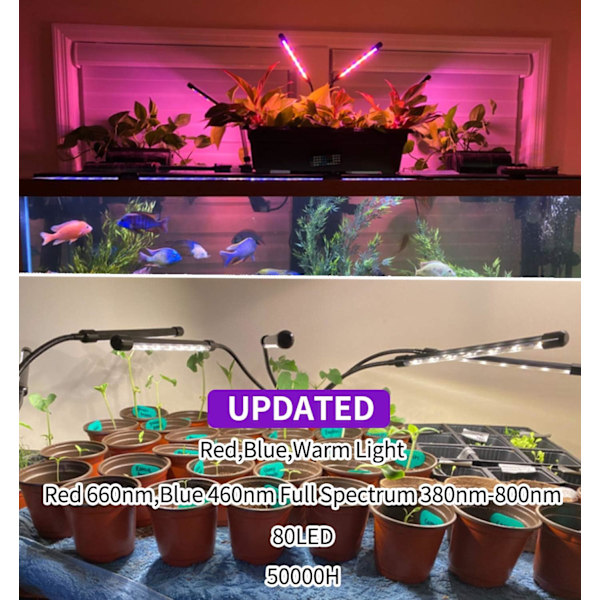Växtlampa för inomhusväxter - Uppgraderad version med 80 LED-lampor med fullspektrum & rött blått spektrum, 3/9/12H timer, 10 dimbara nivåer Black