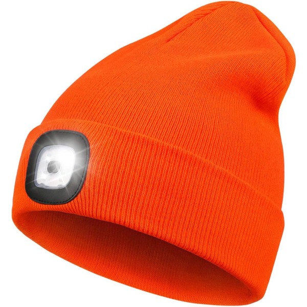 Uppladdningsbar LED-upplyst mössa, perfekt julklapp till pappa, mössa med pannlampa unisex vintervarm stickad mössa Orange