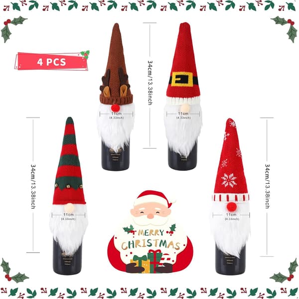 4-pack Jul Tomte Vinflaskor Omslag Handgjorda Tomtar Svenska Tomtar Vinflaskor Toppar Dekorativa Jultomte Presenter
