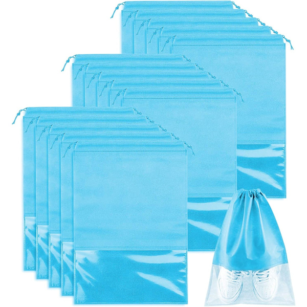 15 stk. Rejseskopose, Bærbar Snørepose af Non-Woven stof, Transparent Slot blue