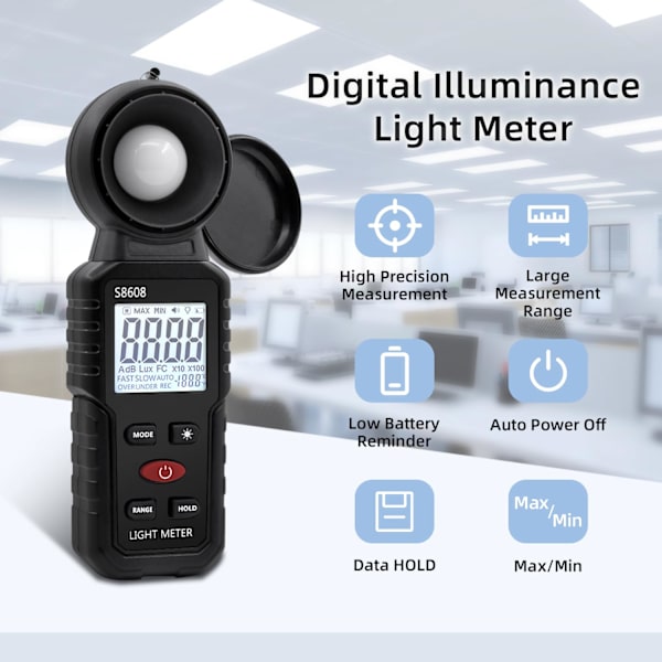 Digital Lux Meter, Lysmåling med 0,1-200.000 Lux, Bærbar Digital Omkringliggende Lysmåler Område Op til 200.000 Lux til LED Lys, Planter