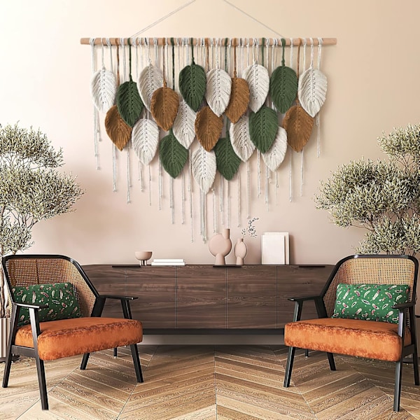 Macrame Væghængning Stor Tapet Vævet Væghængning Boho Macrame Blad Vægdekoration Fjer Chic Vævet Kunst White-brown-military green