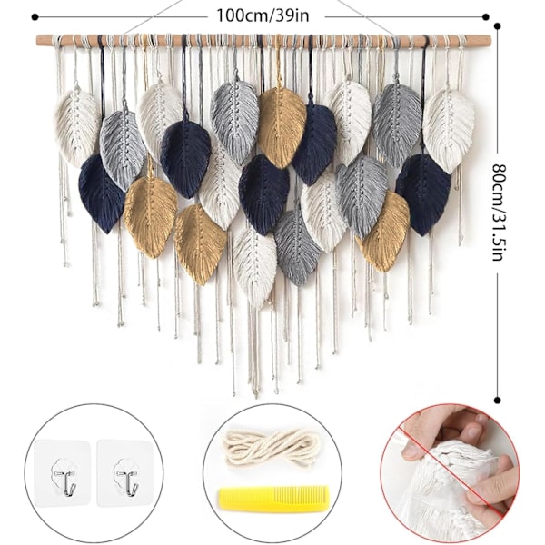Macrame Väggbonad Stor Gobeläng Vävd Väggbonad Boho Macrame Blad Väggdekoration Fjäder Chic Vävd Konst White-navy-khaki-gray