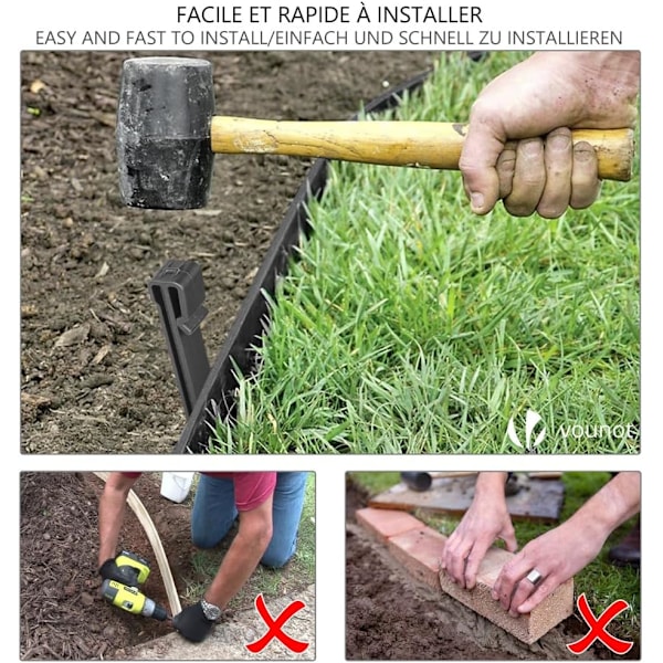PE Hagekant 10m - Grå - Høyde 12cm Tykkelse 2mm - Med 12 Ankerplugger, for Ekstern Hagekant