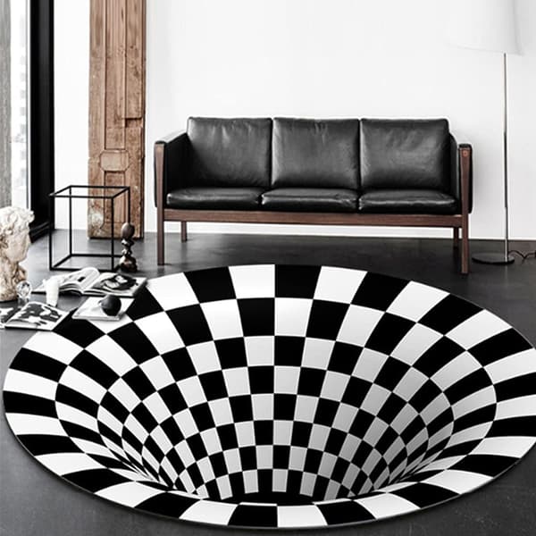 Tæppe med 3D Illusion Vortex, rundt sort og hvidt gittergulvmåtte til soveværelse, stue, kontor (60 * 60CM)