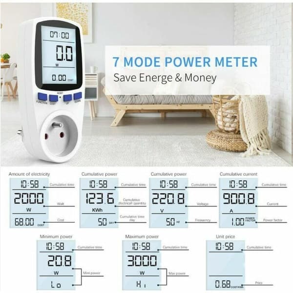 Energimåler Wattmeter Socket, Elektrisitetsenergimåler Socket med 7 Moduser, Energimåler med LCD-skjerm for Energisparing, 3680W