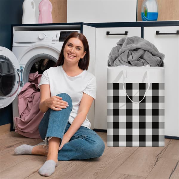 75L kleskurv, rektangulær klesorterer laget av stoff, sammenleggbar black and white checked 40*30*60cm