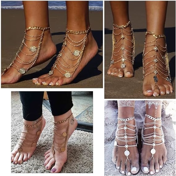 Ankelkæder, Boho Vintage Ankelarmbånd til Kvinder Gyldent Mønt Velsignelse Symbol Strand Ankelkæde Tassel Fodkæder 2 stk
