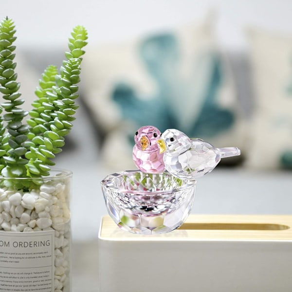 Kristal Dobbelt Fugle Figurer Glas Dyre Ornament Fugle Samling Brevvægt Bord Midterstykke Ornament (Pink og Klar)