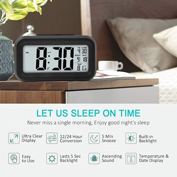 Digitalt vækkeur, 12/24 timers sengeur med LCD-baggrundsbelyst display, ur med dato, kalender og temperatur Black