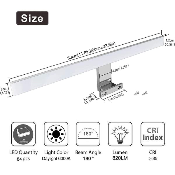 1 LED-speilbelysning baderomslys hvitt lys sminkebelysning Silver 30 cm