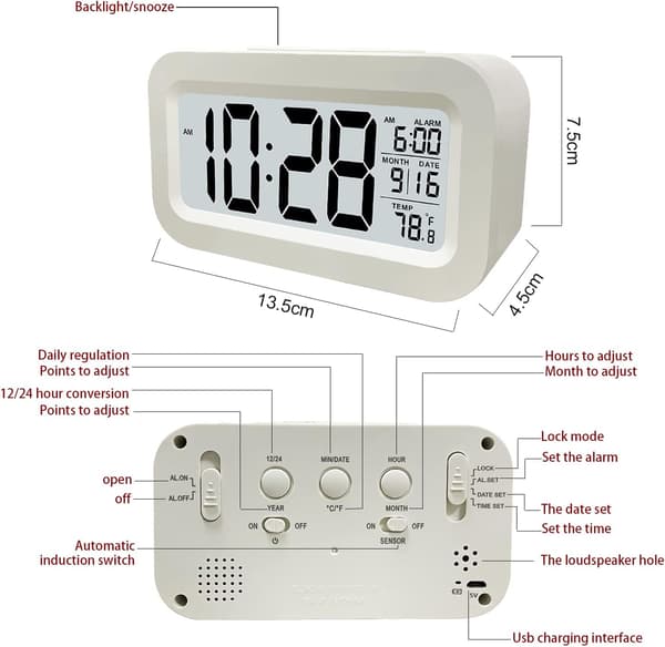 Digital väckarklocka, LED-väckarklocka med temperatur, Snooze-funktion, 12/24H-konvertering, kalender, för sovrum