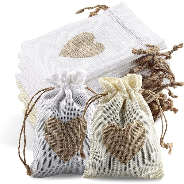 24 stk. Burlap-poser med snøre og hjertemønster, slikgavepose, jutepose dåbspose, bryllupslys til slikgaver gavepose