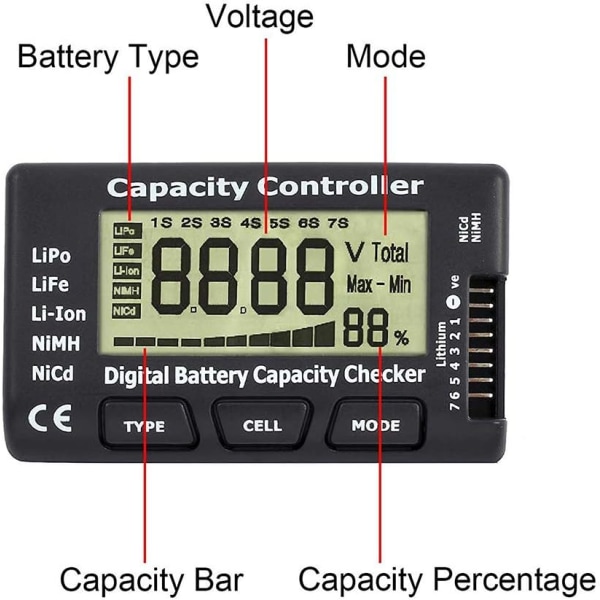 Digital batterikapacitetstester, batterikapacitetsspændingstester Checker Tester med LCD-display, til LiPo Lithium NiMH Li-ION